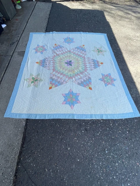 Vintage Antique Patchwork Handmade Quilt Bedspread Hand Sewn STAR Pattern