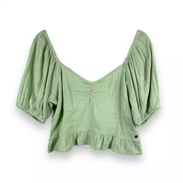 Roxy Life Mirage Woven Puff Sleeve Top Green Womens L 100% Cotton Summer Light