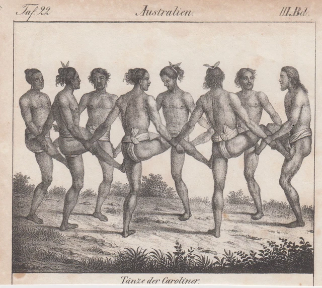 Micronesia Ethnologie Tänze Original Litografía Völkergalerie 1840
