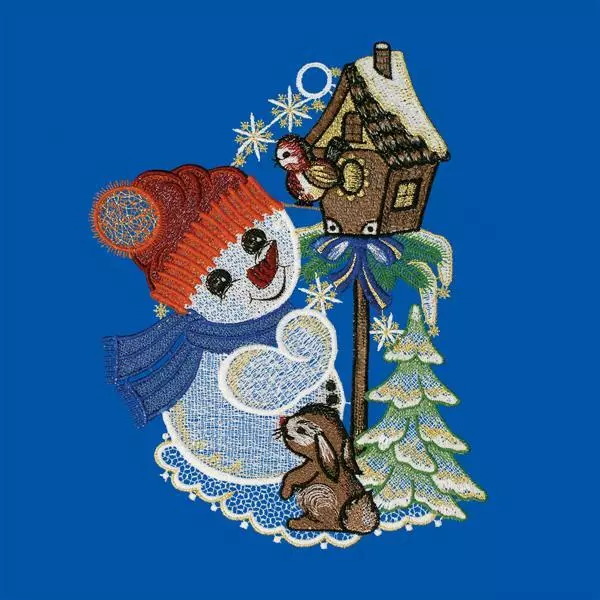 Fensterbild "Süßer Schneemann" farbig, 21 x 29 cm, Plauener Spitze Deko Schmuck 2