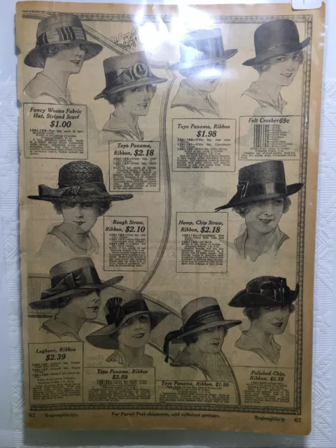 1918 Antique Montgomery Ward Catalog Page Millinery Hats Trimming