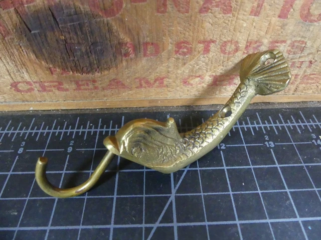 Vintage Fish Sea Monster Wall Coat Hook Cast Brass Ornate