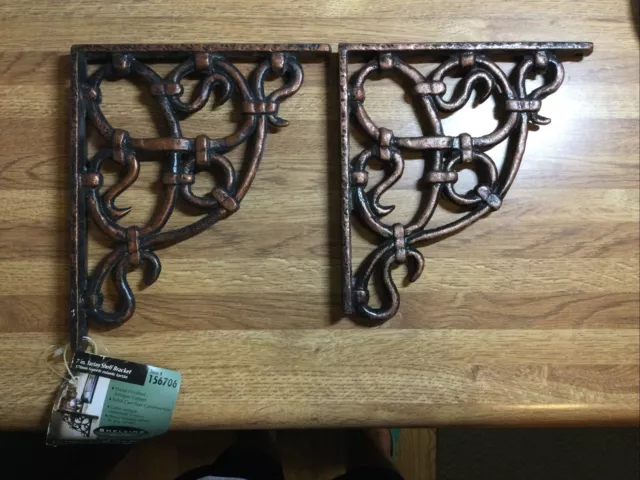 Set 2 Aged Copper Finish Decorative Wall Shelf Bracket Ornate Vine Brace