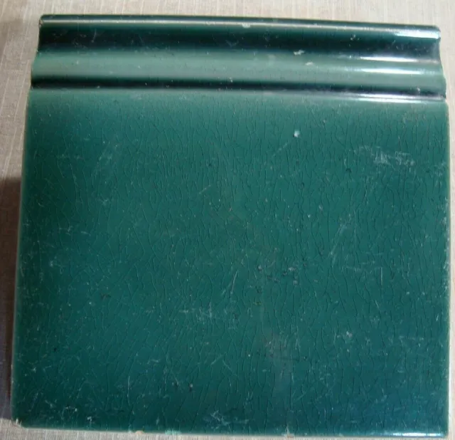 Deep bluish Green Original period baseboard majolica tile 6x6 Belgium ca1900