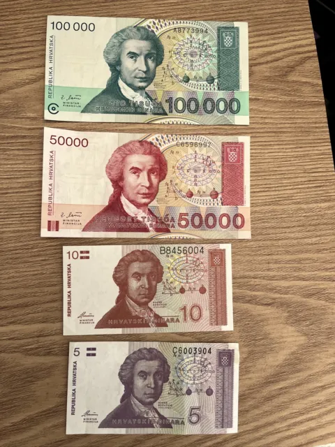 4 Croatia Banknotes - 100000,50000,10,5 Uncirculated