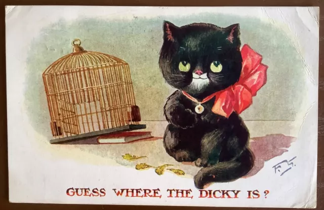Vintage postcard black cat bird Artist Anthropomorphic comic
