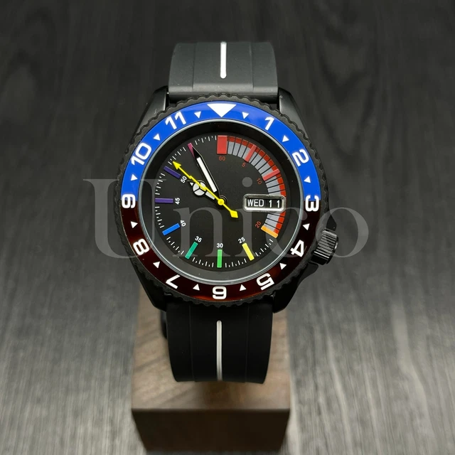 Custom Made Mods Watch SKX Style NH36 Auto Movement BL/RD 12 Rainbow Hours BK/WT