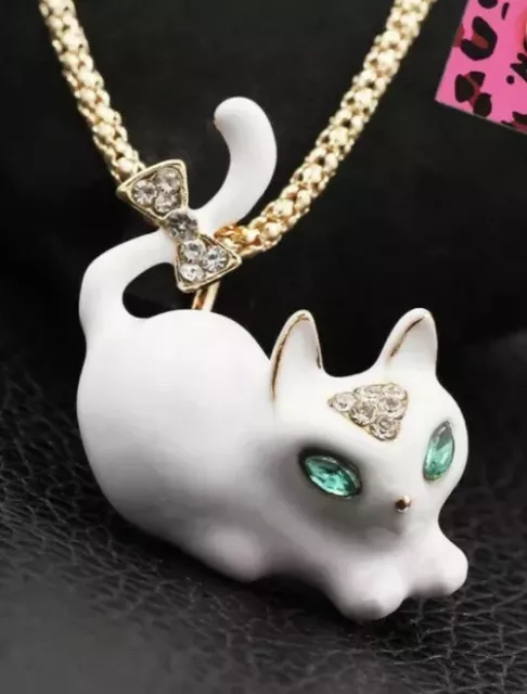 Betsey Johnson White Enamel Crystal Cat Kitten Pendant Necklace Brooch NWT