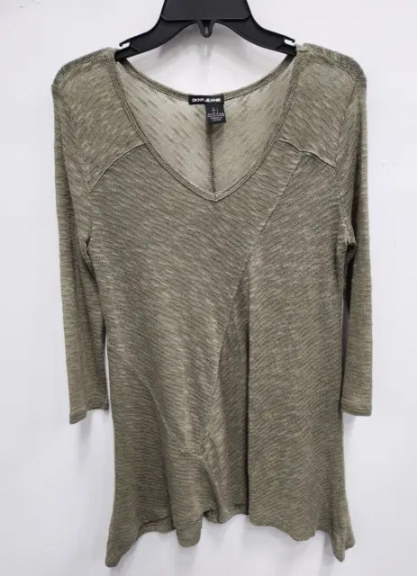 DKNY Jeans Womens Olive Green Knit Tunic Top Size Large V-Neck 3/4 Sleeve Casual