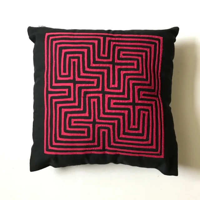 Vintage Black and Pink Maze Reverse Appliqué Mola Zippered Cushion Small Pillow