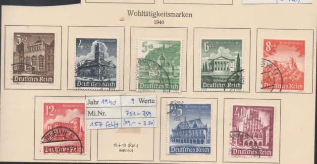 Briefmarken Deutsches Reich 1940, Teilsatz Mi. Nr. 751-759, gestempelt