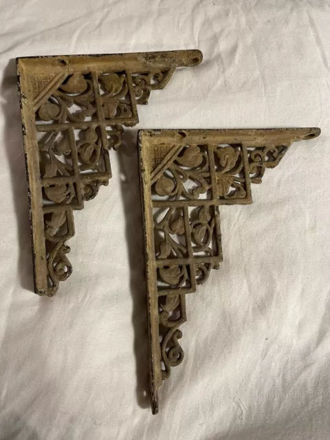PAIR Antique Victorian Cast Iron Wall Shelf Brackets crusty old patina surface