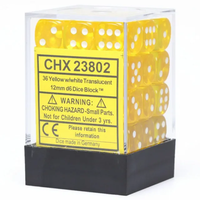 CHX23802 Chessex Manufacturing Translucent: 12mm D6 Yellow/White (36)