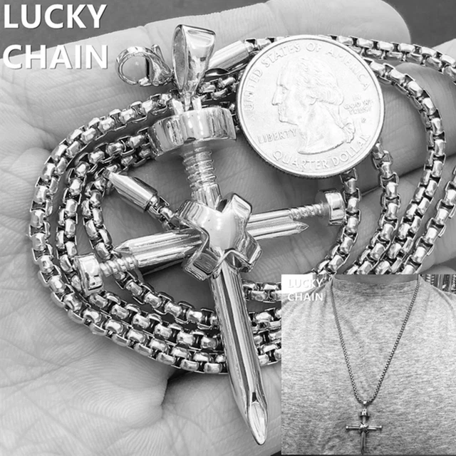 STAINLESS STEEL SILVER NAIL CROSS PENDANT 24"ROUND BOX CHAIN NECKLACE 39g
