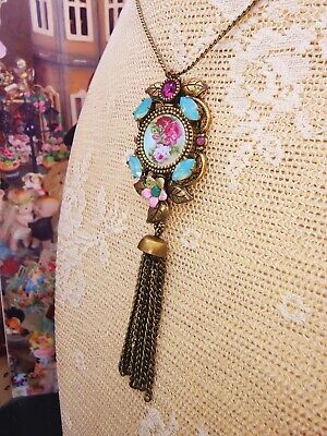 Michal Negrin Victorian Pendant Necklace Flowers Cameo - Retro Crystals & Tassel 2