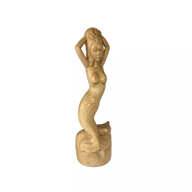 Sexy Mermaid Siren Sculpture Hand Carved Wood Carving Statue Nautical Bali Art 2