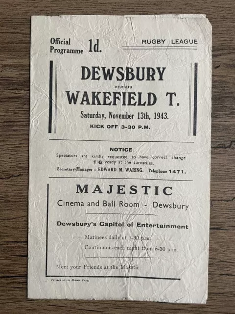 Wartime Rugby League Programme Dewsbury v Wakefield Trinity 13th November 1943