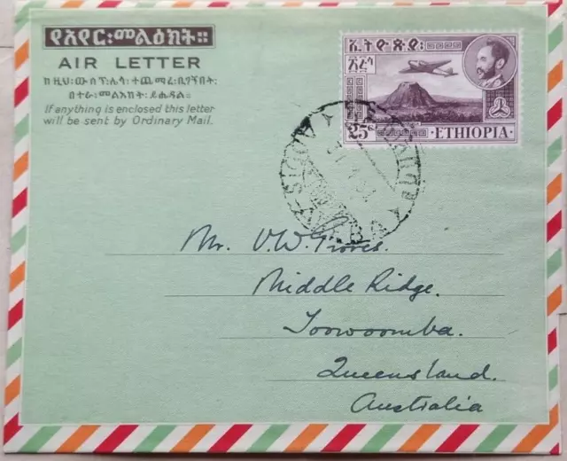 Ethiopia 1953 Airmail Stamp Imprint Air Letter To Australia