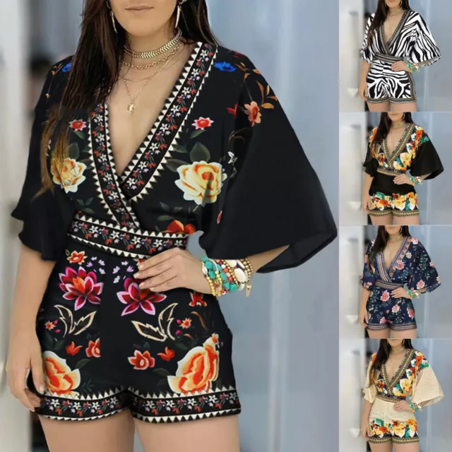 ❤️Womens Boho Floral V Neck Playsuit Romper Ladies Summer Flared Sleeve Jumpsuit 2