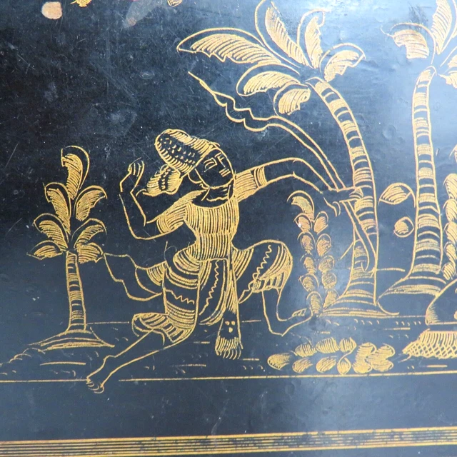Antique Burmese Red Lacquered Wooden Tray Black Gold Dancer & Peacock 15" 2