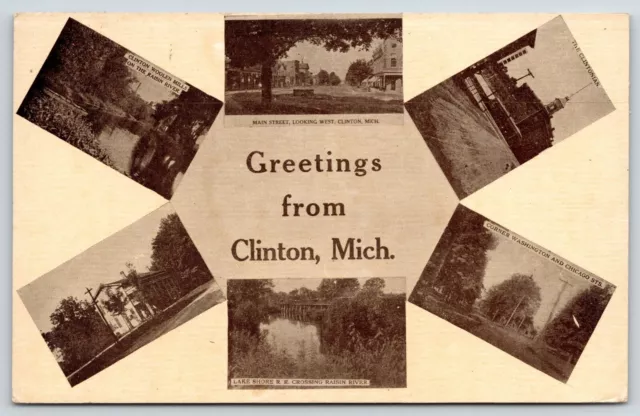 Clinton Michigan~Mini Multi View~Main Street~Woolen Mill~RR Bridge~Hotel~1912 PC