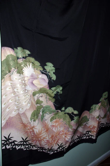 Lovely! Vintage Japanese Silk Kimono Showa Tomesode w Peacock and pine 64in long 2