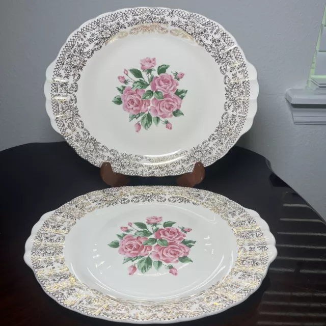 Sebring Pottery Co China Bouquet  22k Gold Vintage Serving Platter 12” Set Of 2