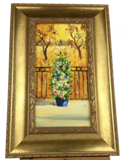 Quadro Olio Su Tavola con Fiori e Cornice Oro Dipinto A Mano Misura cm 25x38