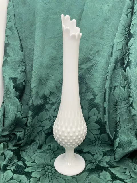 Vintage Fenton Hobnail White Milk Glass Pedestal Swung Vase 15  inch