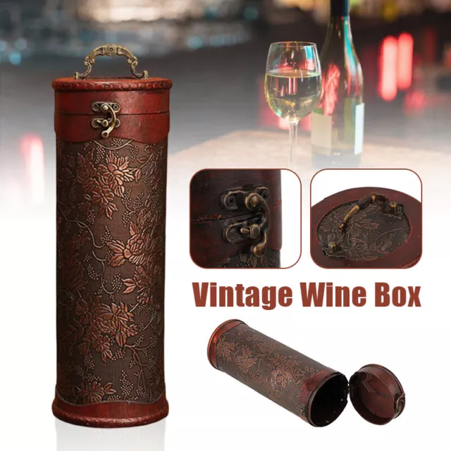 Cylinder Wooden Box Wine Bottle Storage Case Crate Gift Carrying Box AU