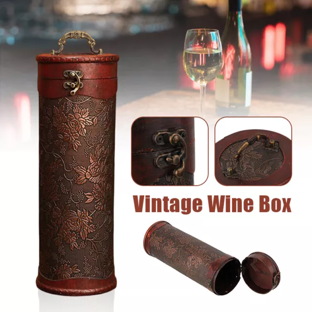 Vintage Cylinder Wooden Box Wine Bottle Storage Case Crate Gift Carrying Box NEW