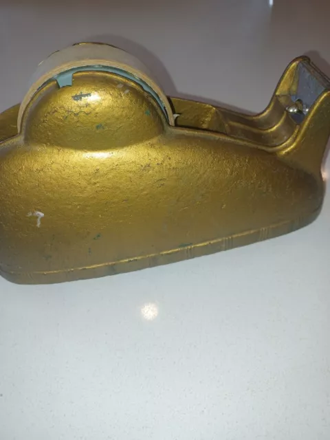 Vintage Gold Heavy Cast Iron 3M Scotch Tape Desk Dispenser Whale Tail Art Deco