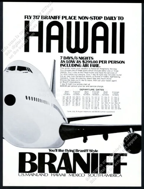 1973 Braniff International 747 plane art DFW to Hawaii schedule unusual VTG ad