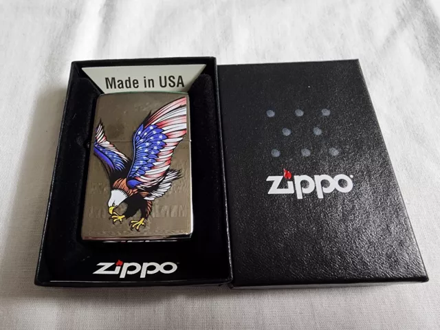 Zippo 2019 Polished Chrome Lighter Eagle Flag With Box. NEW SEALED UNUSED. RARE