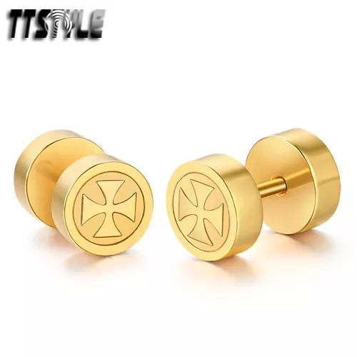 TTstyle 8mm Gold Surgical Steel Iron Cross Fake Ear Plug Earrings NEW