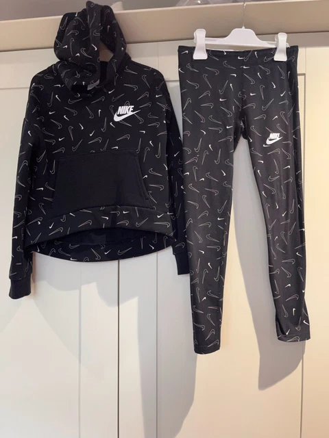 Felpa con cappuccio e leggings Nike nero rosa bianco stampa zecca taglia media M 10-12 anni