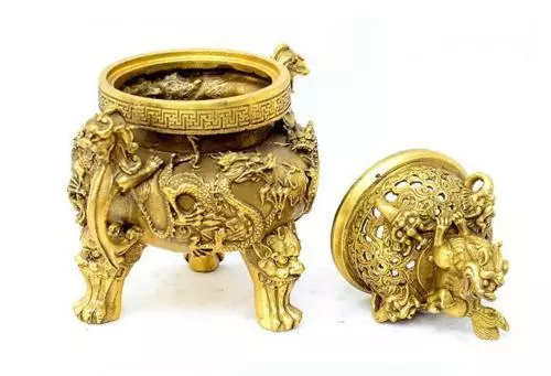 Chinese Old Bronze Gilt Dragon Foo Dog Lion Beast Statue Incense Burners Censer
