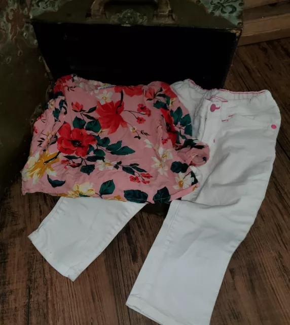 Girls Lot Outfit Old Navy Pink Flower Shirt Carter's White Jeans Pants 2T *22