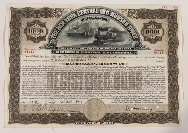 New York Central & Hudson River Railroad Bond Stock Certificate Michigan