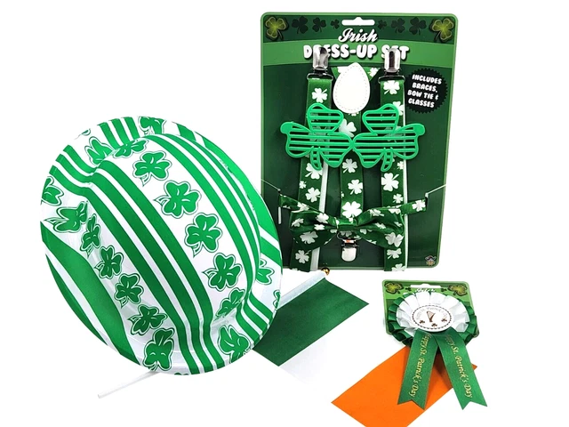 6 pz cappello distintivo abito giorno di San Patrizio bretelle occhiali cravatta fiocco Irlanda irlandese