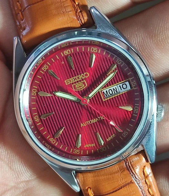 {Vintage Seiko 5 Automatic 21J RED FACE Japan Made Men's Wrist Watch 6319A