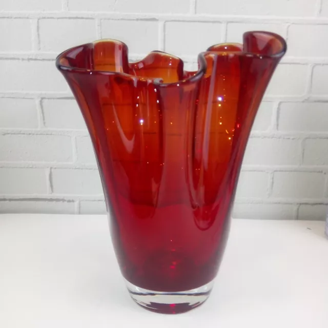 Vintage MCM Amberina Vase Red Orange Clear Ruffled Art Glass  Hand Blown 9 in