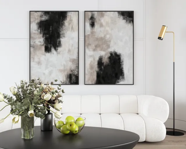 Black and Beige White Neutral Art Print Set of 2, Abstract Wall Art Picture Home