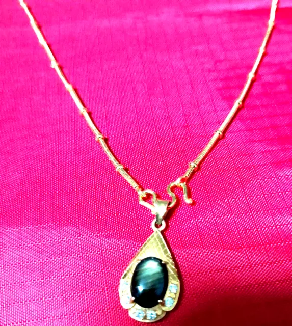 Green Star Sapphire +Diamonds on 14 K Yellow Gold Pendant+ FREE Fashion Necklace