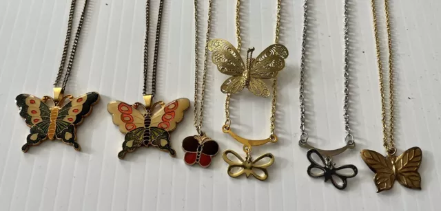 6 Vintage Butterfly Necklaces and 1 Pin Enamel 70's 80's Colors Gold Silver