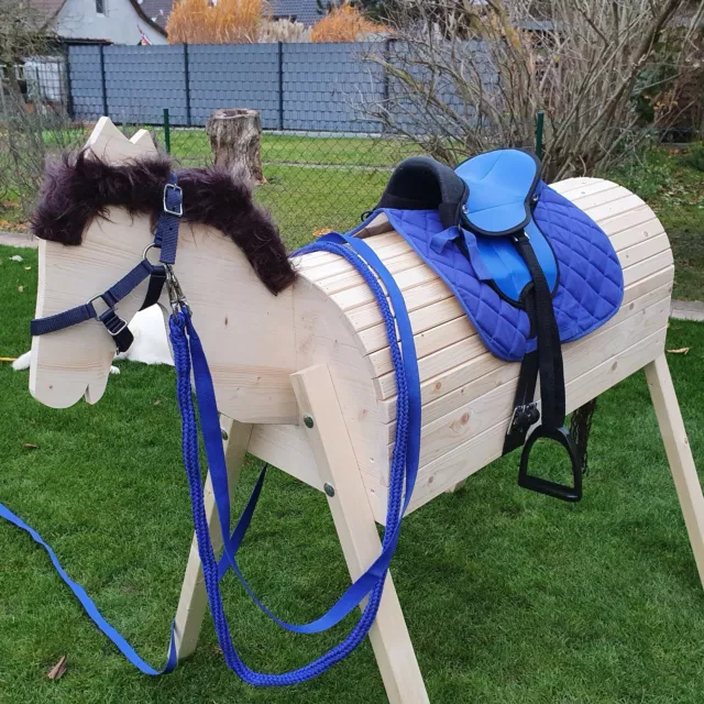 Holzpferd Voltigierpferd Holzpony Pferd Pony braune Mähne Sattel blau bewegl.