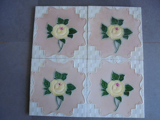 4 Pc Vintage Colorful Fine D.K Mark Floral Embossed Ceramic Tiles,Japan