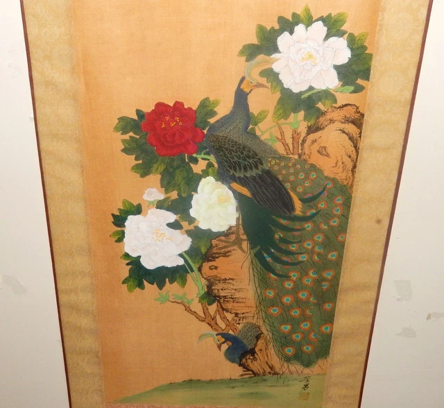 Old 19Th Century Japanese Peacock Bird And Roses Watercolor Silk Painting Signed