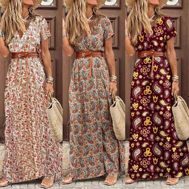 Sundress V Neck Summer Floral Women Beach Long Maxi Dress Holiday Ladies Boho