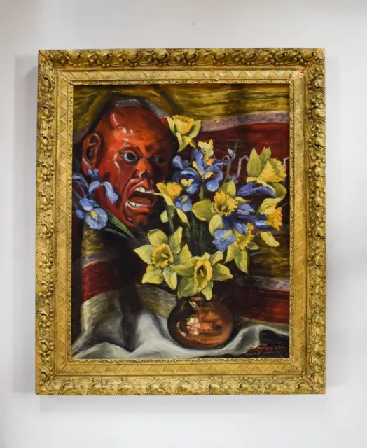 Vintage Still Life Oil Painting, Flowers Vase and Evil Mask, Circa 1950, Gassée 3